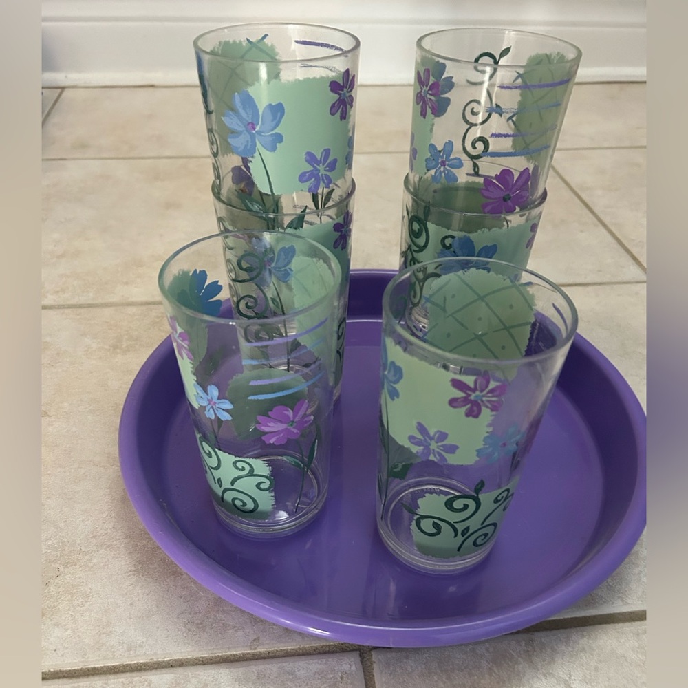 Floral Glass Set with Purple Tray